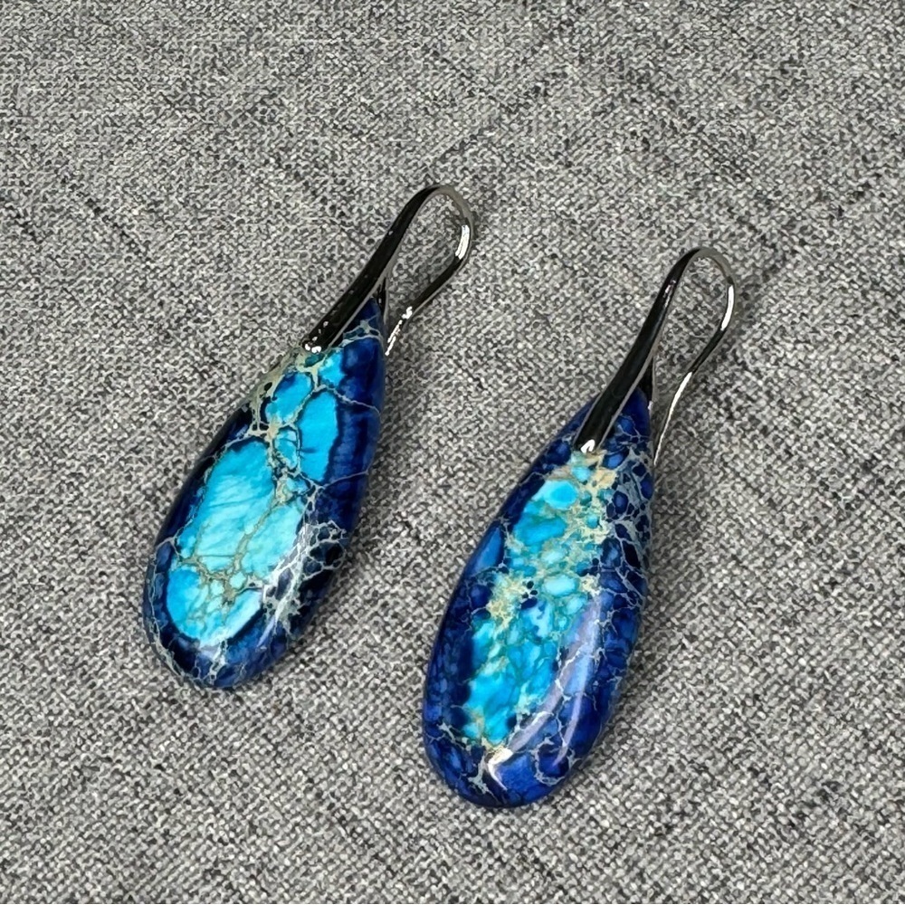 Silver & Blue Natural Imperial Stone Water Drop Tear Drop Earrings Nwt - Picture 8 of 9